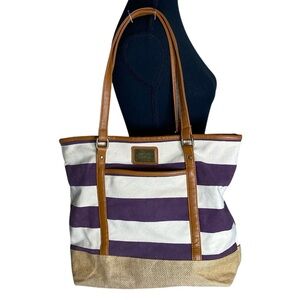 YOUNIQUE Striped Canvas Tote Bag Burlap Tan Accents Purple Cream Beach Bag
